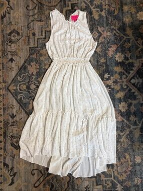 Lilly Pulitzer White Sleeveless Tiered Maxi Dress with Subtle Gold Dot Print
